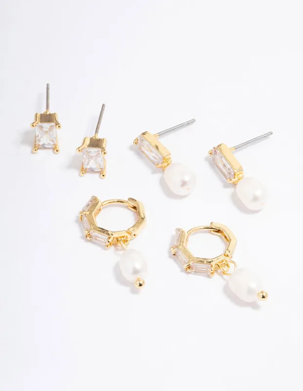 Gold Plated Cubic Zirconia Baguette Freshwater Pearl Earrings Pack sold by lovisa
