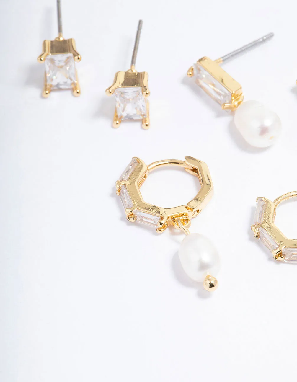 Gold Plated Cubic Zirconia Baguette Freshwater Pearl Earrings Pack sold by lovisa product image thumbnail 2