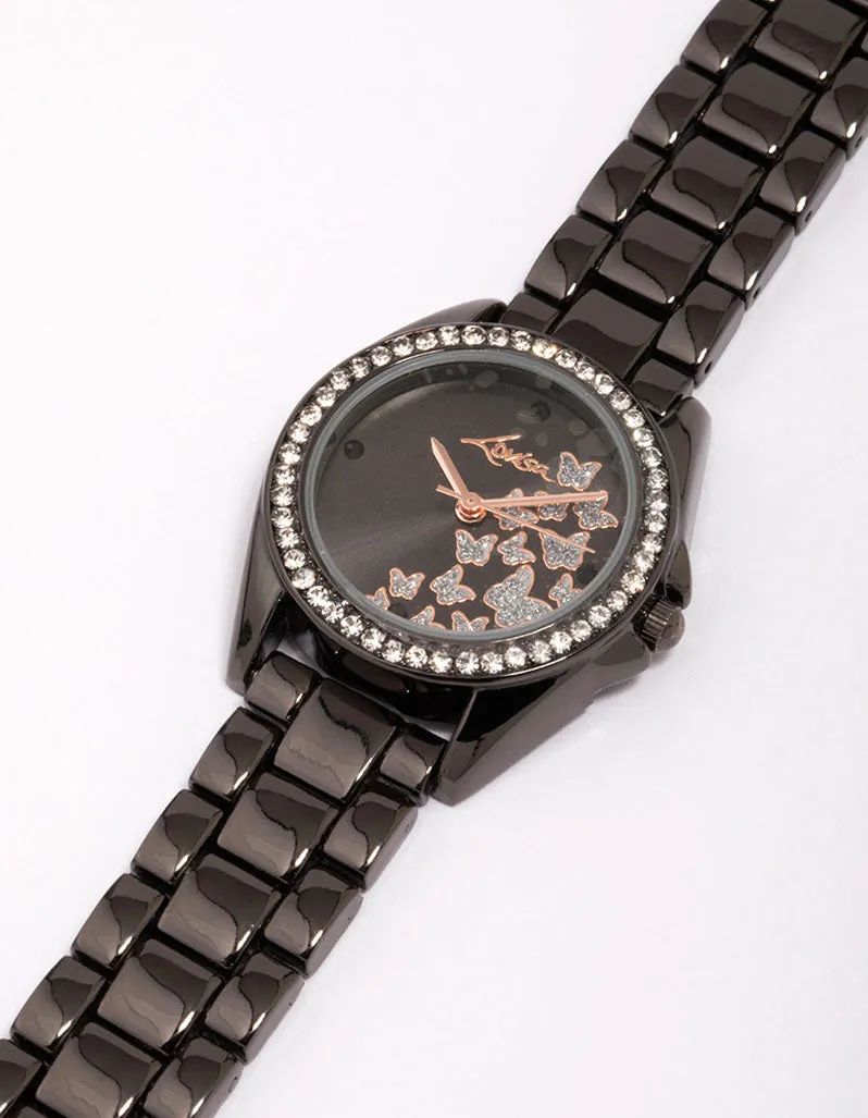 Black Butterfly Diamante Link Watch sold by lovisa