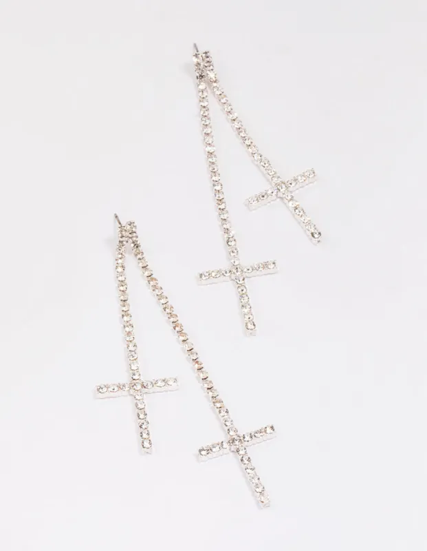Silver Double Cross Cupchain Drop Earrings sold by lovisa