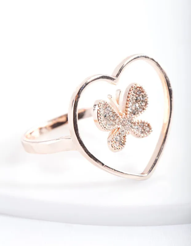 Rose Gold Open Heart Diamante Butterfly Ring sold by lovisa