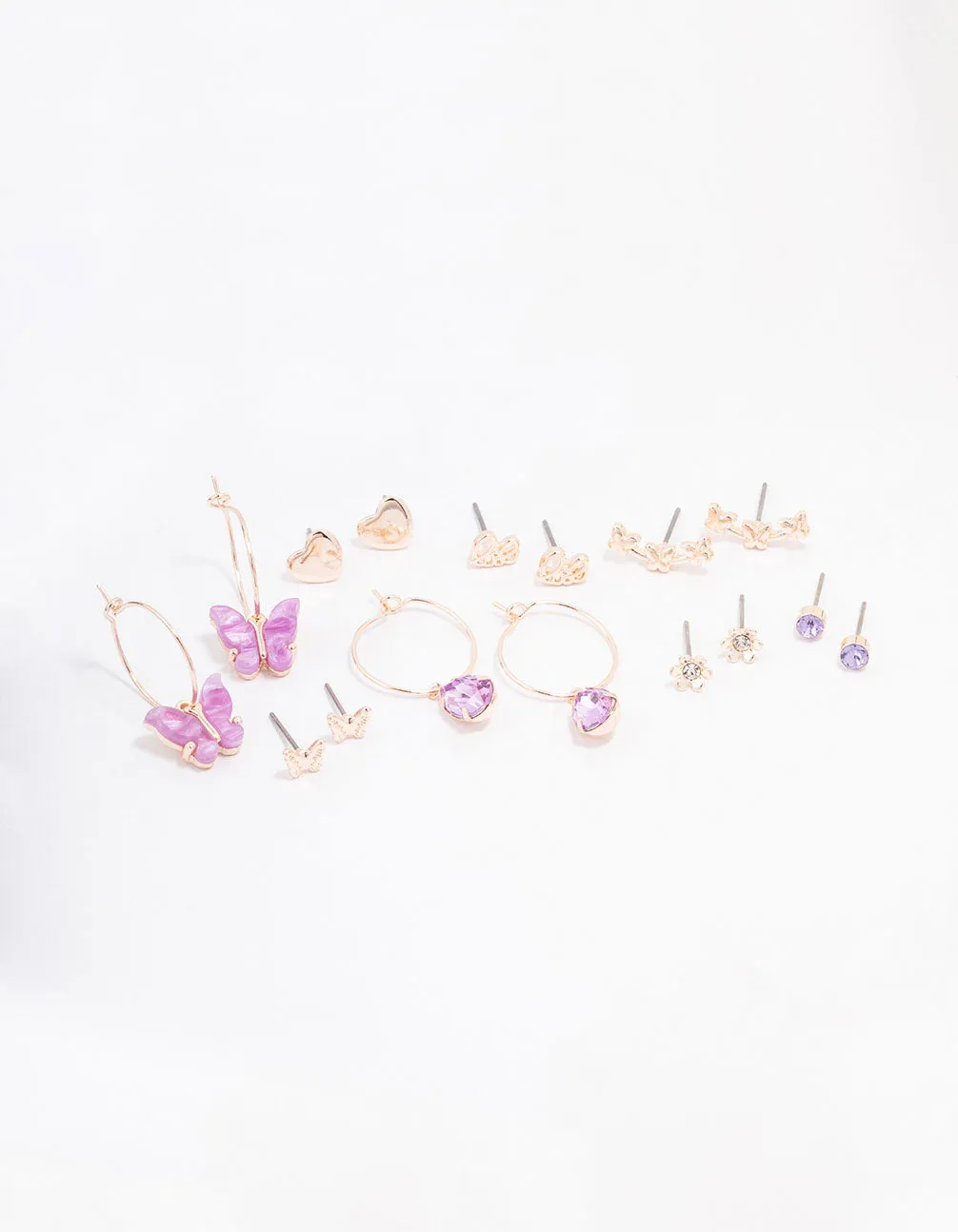 Rose Gold Heart & Butterfly Earring 8-Pack sold by lovisa