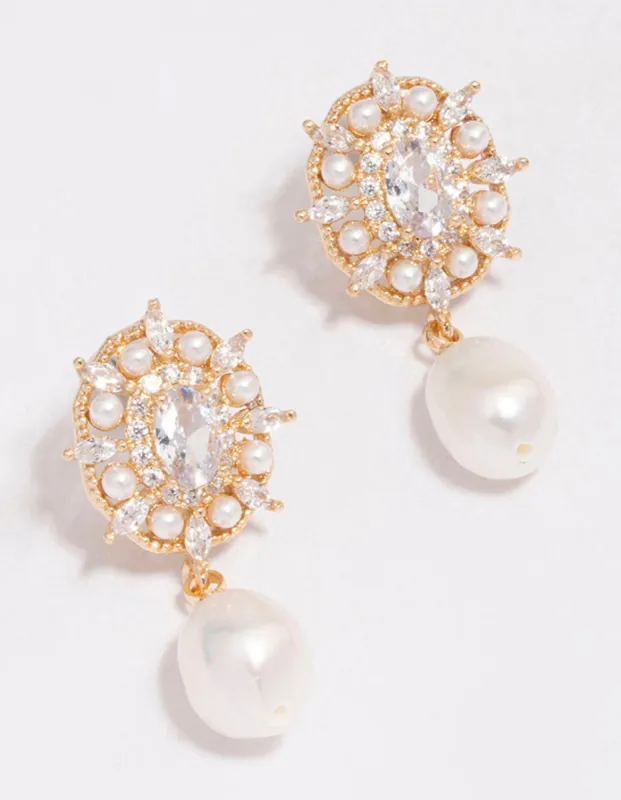 Gold Plated Freshwater Pearl Halo Drop Earrings sold by lovisa