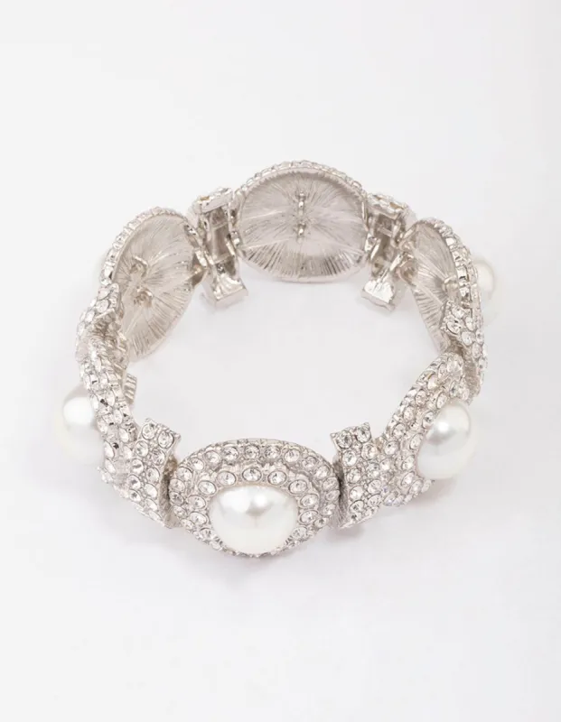 Silver Pearl & Diamante Stretch Bracelet sold by lovisa