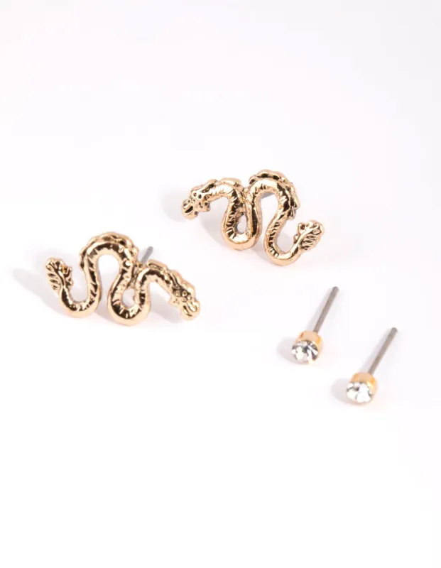 Antique Gold Swirled Dragon Stud Earring Set sold by lovisa