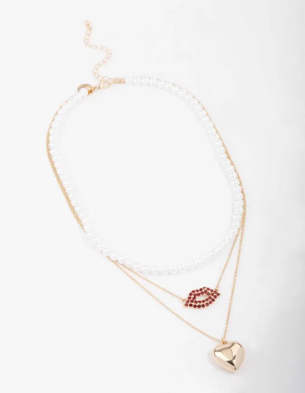 Gold Heart & Lips Glamorous Layered Necklace sold by lovisa