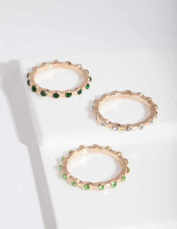 Gold Green Round Set Diamante Ring Pack sold by lovisa