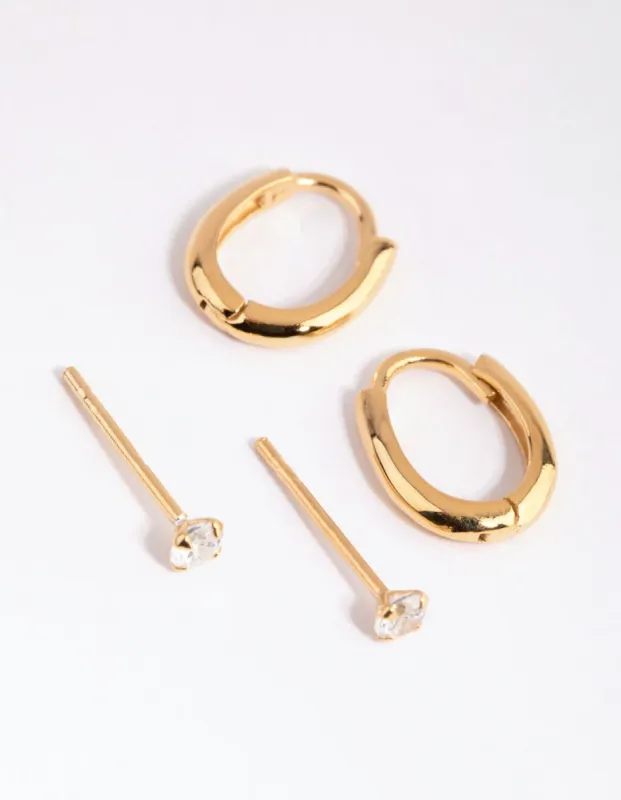 Gold Plated Sterling Silver Diamante & Oval Huggie Earring Pack sold by lovisa