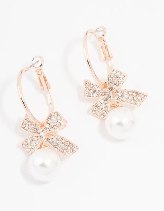 Rose Gold Bow & Pearl Drop Hoop Earrings sold by lovisa