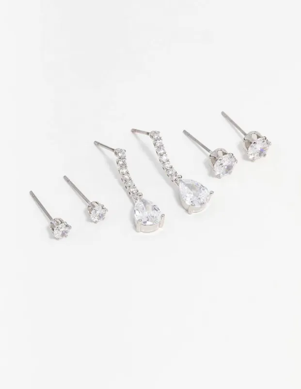 Silver Cubic Zirconia Stud & Drop Earrings 3-Pack sold by lovisa