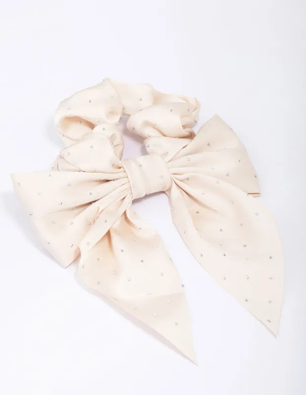Fabric Neutral Bow Diamante Hair Scrunchie sold by lovisa