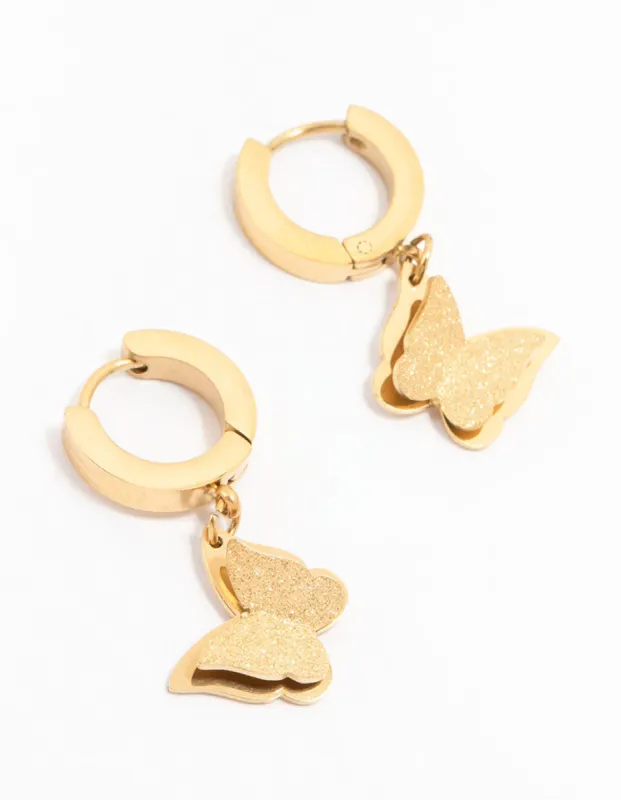 Waterproof Gold Plated Stainless Steel Butterfly Drop Huggie Earrings sold by lovisa
