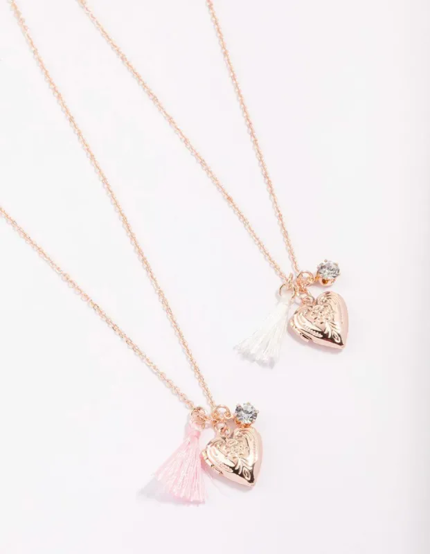Kids Rose Gold Tassel Heart Locket Pendant Necklace Pack sold by lovisa