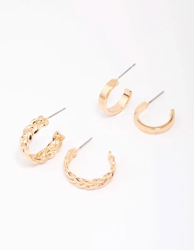 Gold Braided & Ribbed Hoop Earring Pack sold by lovisa
