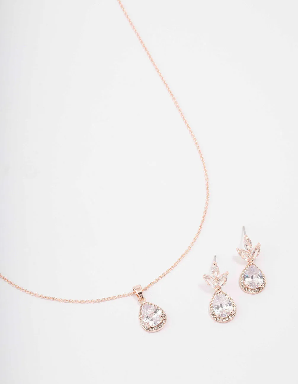 Rose Gold Leaf Pear Halo Necklace & Drop Earring Set sold by lovisa