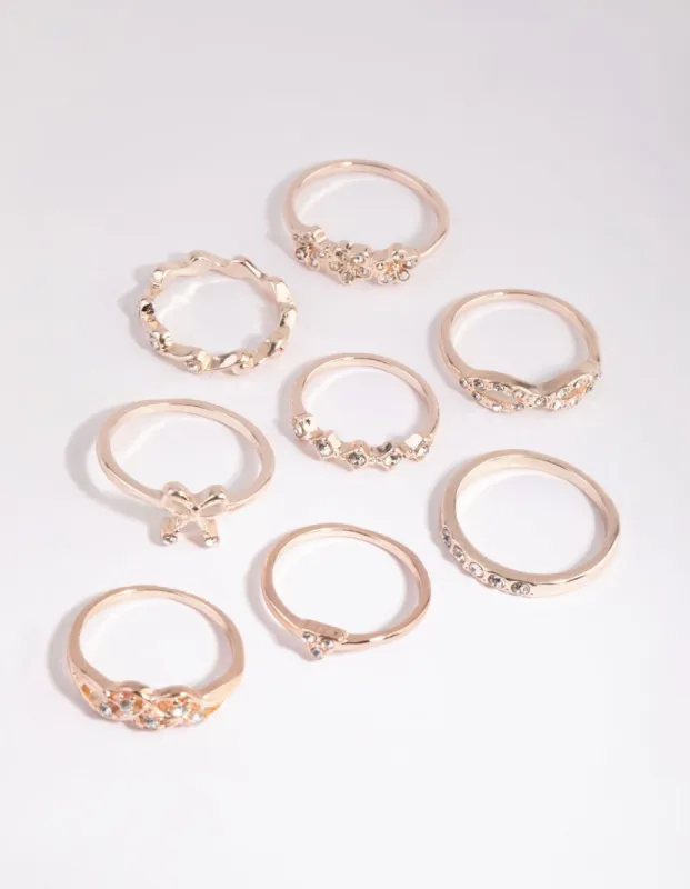 Rose Gold Bow & Flower Diamante Ring Pack sold by lovisa