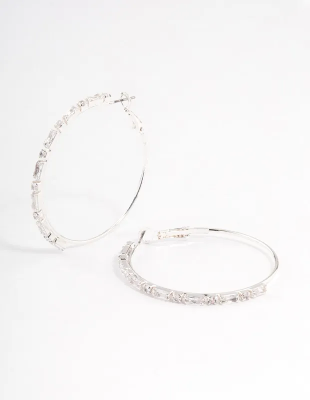 Silver Plated Round & Baguette Large Hoop Earrings sold by lovisa