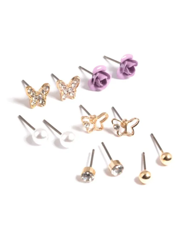 Kids Purple Pave Butterfly 6-Pack Stud Earrings sold by lovisa