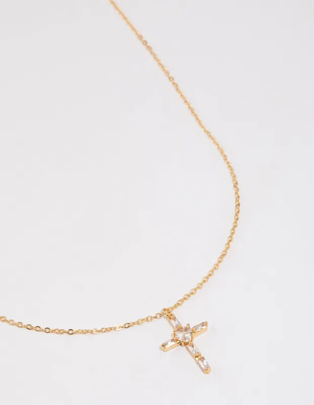 Gold Plated Cubic Zirconia Baguette Cross Necklace sold by lovisa