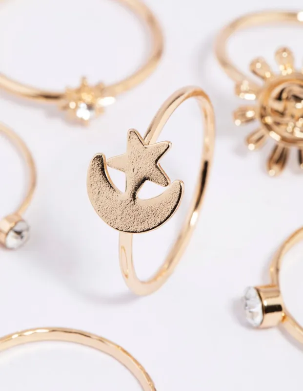Gold Celestial Sun Ring 6-Pack sold by lovisa