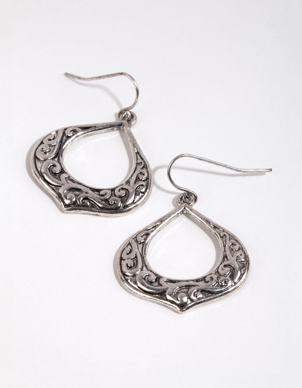 Antique Silver Swirled Detail Teardrop Earrings sold by lovisa