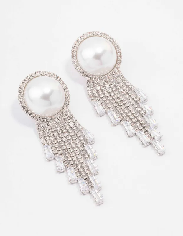 Rhodium Oversized Pearl Cupchain Diamante Earrings sold by lovisa