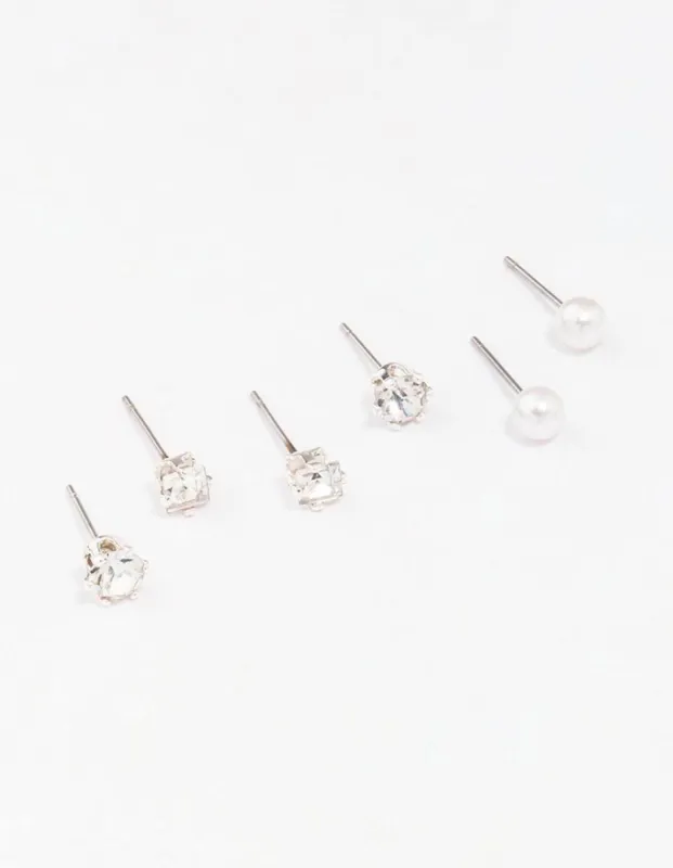 Silver Diamante & Pearl Stud Earring 3-Pack sold by lovisa
