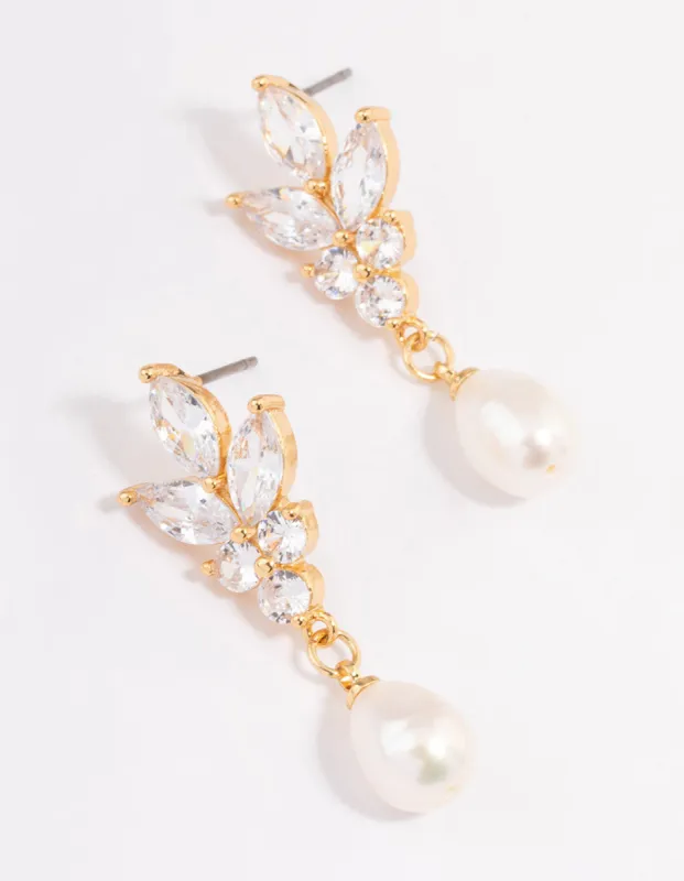 Gold Plated Cubic Zirconia Cluster Freshwater Pearl Drop Earrings sold by lovisa