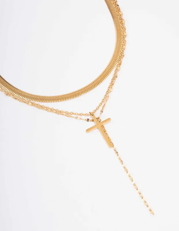 Waterproof Gold Plated Stainless Steel Multi Chain Cross Layered Necklace sold by lovisa