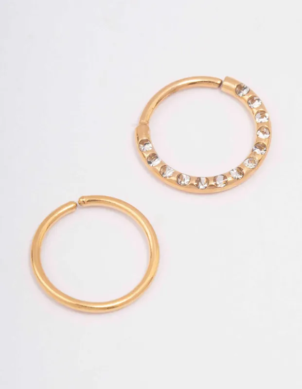Gold Plated Surgical Steel Cubic Zirconia Textured Nose Ring Pack sold by lovisa