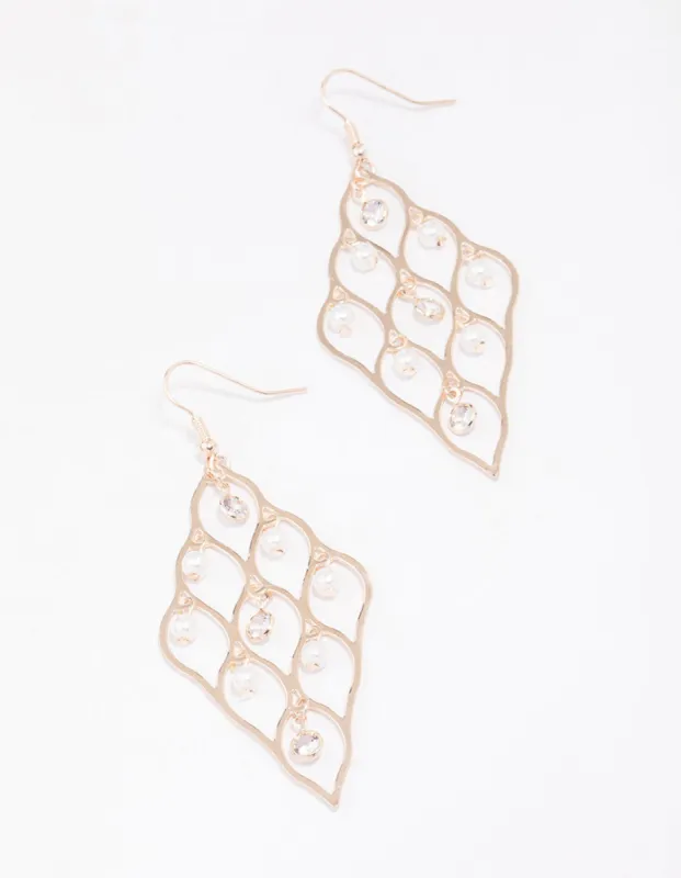 Rose Gold Diamond Cut Out Pearl Drop Earrings sold by lovisa