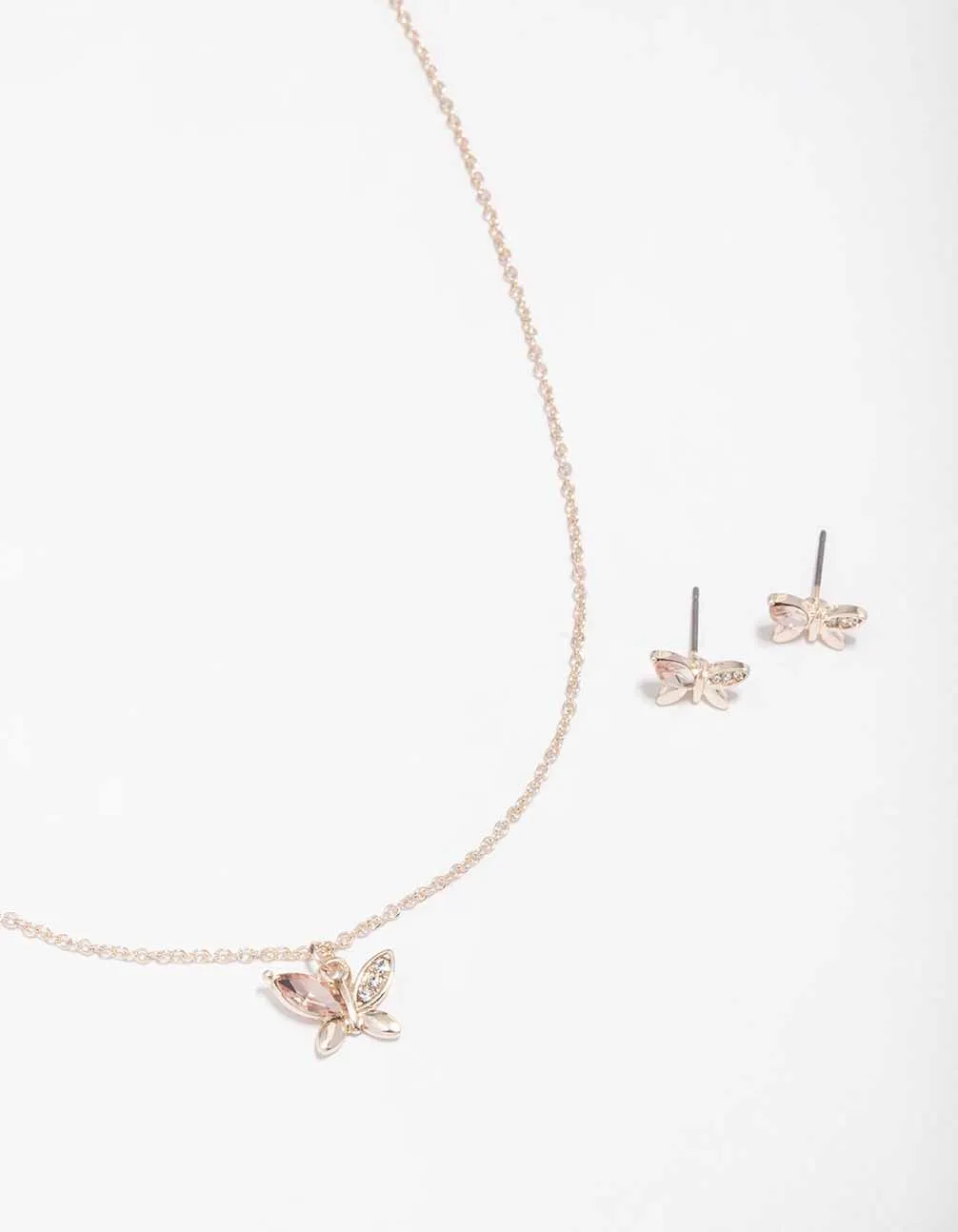 Rose Gold Diamante Butterfly Necklace & Stud Earring Set sold by lovisa