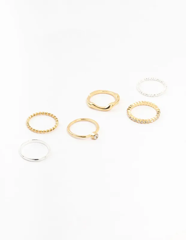 Mixed Metals Molten & Diamante Rings 6-Pack sold by lovisa