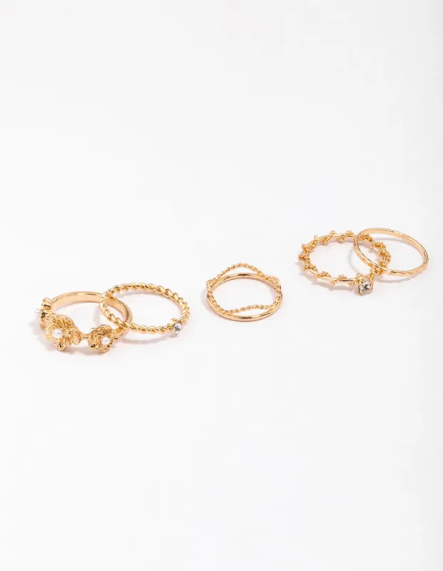 Gold Twisted Flower Ring Pack sold by lovisa