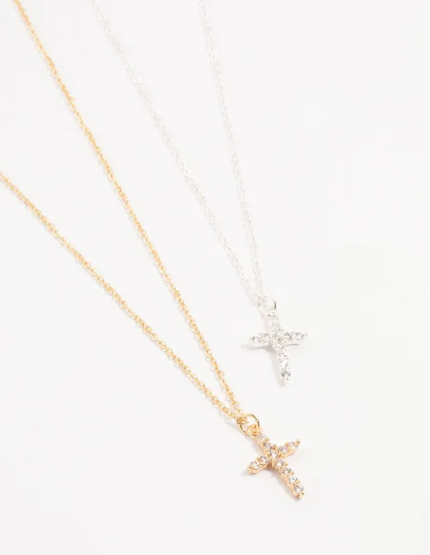 Mixed Metals Cross Cubic Zirconia Pendant Necklace 2-Pack sold by lovisa