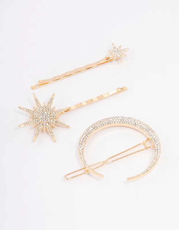 Gold Crecesnt & Star Hair Clips 3-Pack sold by lovisa