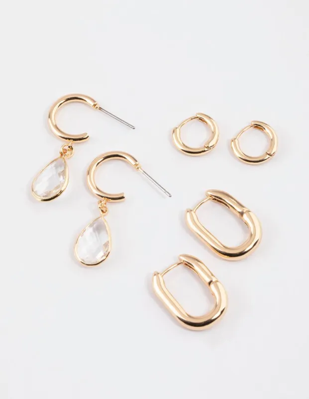 Gold Simple Diamante Teardrop Earrings Pack sold by lovisa