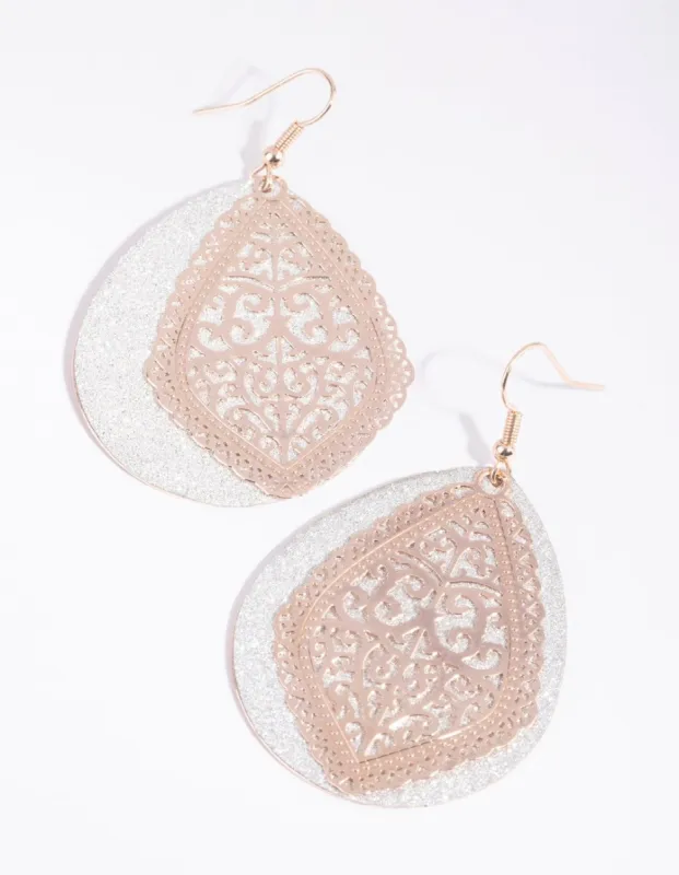 Rose Gold Glitter & Filigree Earrings sold by lovisa