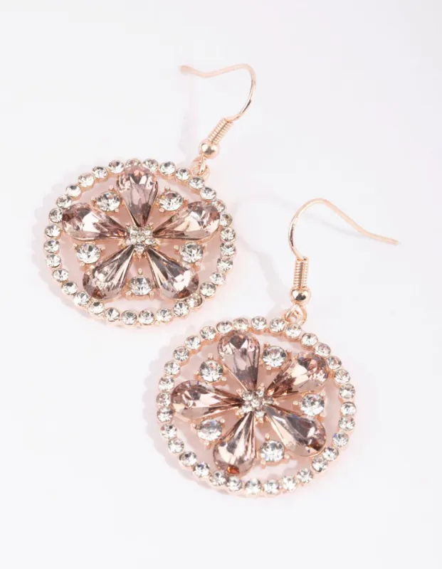 Rose Gold Diamante Flower Wheel Drop Earrings sold by lovisa