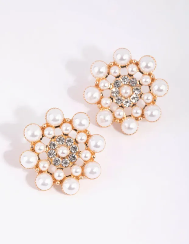 Gold Pearl Flower Stud Earrings sold by lovisa