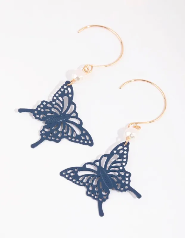 Gold & Navy Pearl Butterfly Earrings sold by lovisa