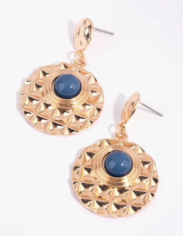 Gold Tiled Disc Navy Stone Earrings sold by lovisa
