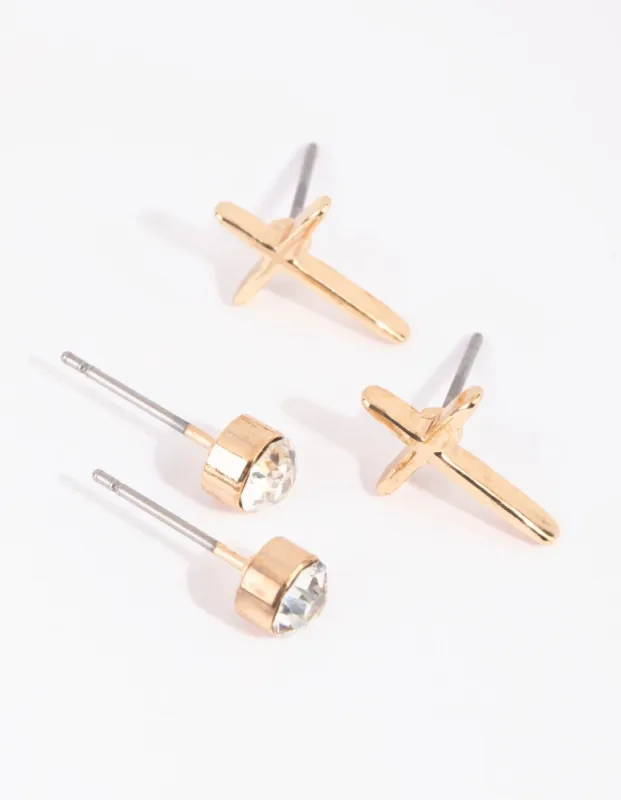 Gold Metal Cross Stud Earring Set sold by lovisa