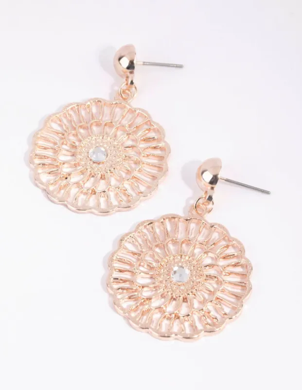 Rose Gold Flower Pattern Diamante Disc Earrings sold by lovisa