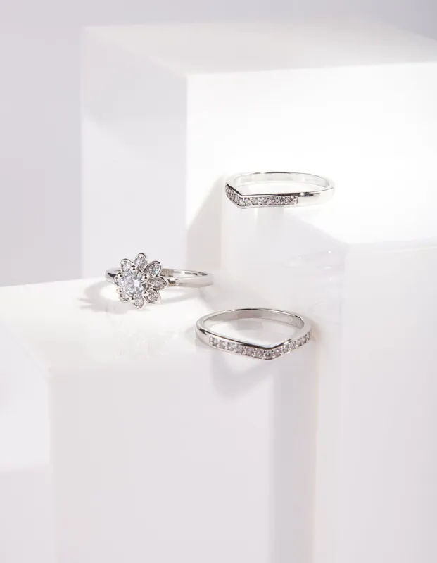 Rhodium Cubic Zirconia Flower Ring Stack sold by lovisa