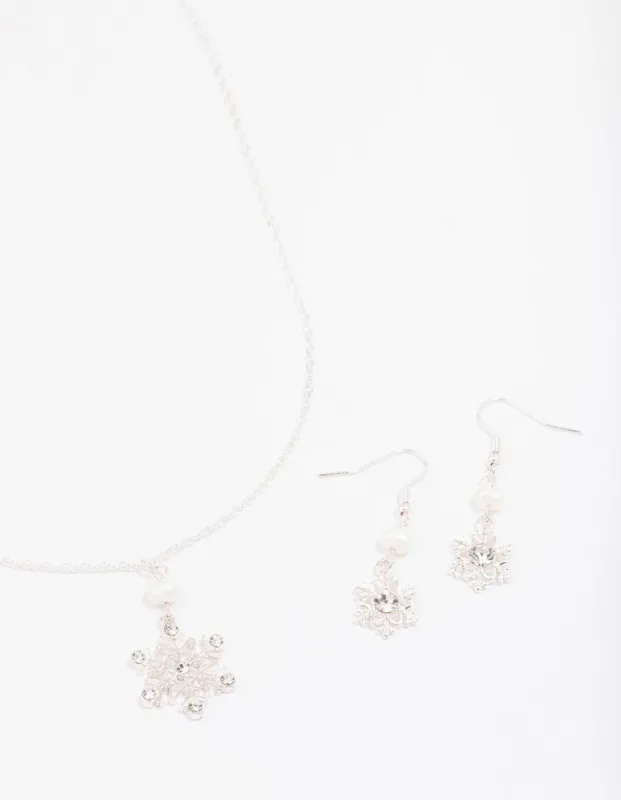 Silver Diamante & Pearl Snowflake Jewellery Set sold by lovisa