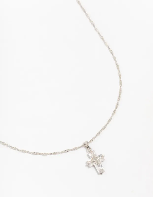 Silver Cubic Zirconia Diamante Double Cross Necklace sold by lovisa