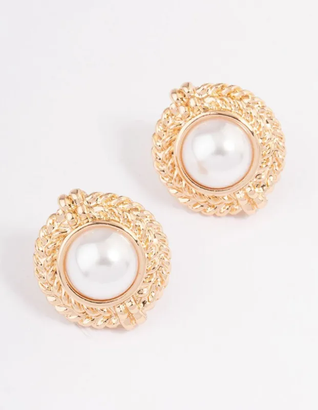 Gold Round Pearl & Rope Stud Earrings sold by lovisa