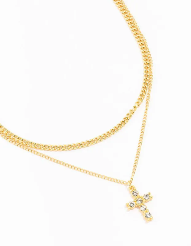 Gold Plated Diamante Cross Layered Cross Pendant Necklace sold by lovisa