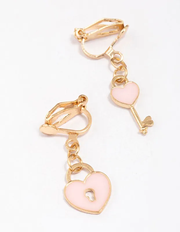 Pink Heart & Lock Clip-On Earrings sold by lovisa